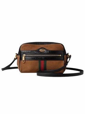 Gucci Ophidia Sherry Crossbody Bag – Brown Suede & Patent Leather w/ Web Stripe